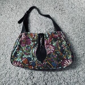 Christiana Beaded Floral Sequin Shoulder Bag Black Leather Trim Vintage